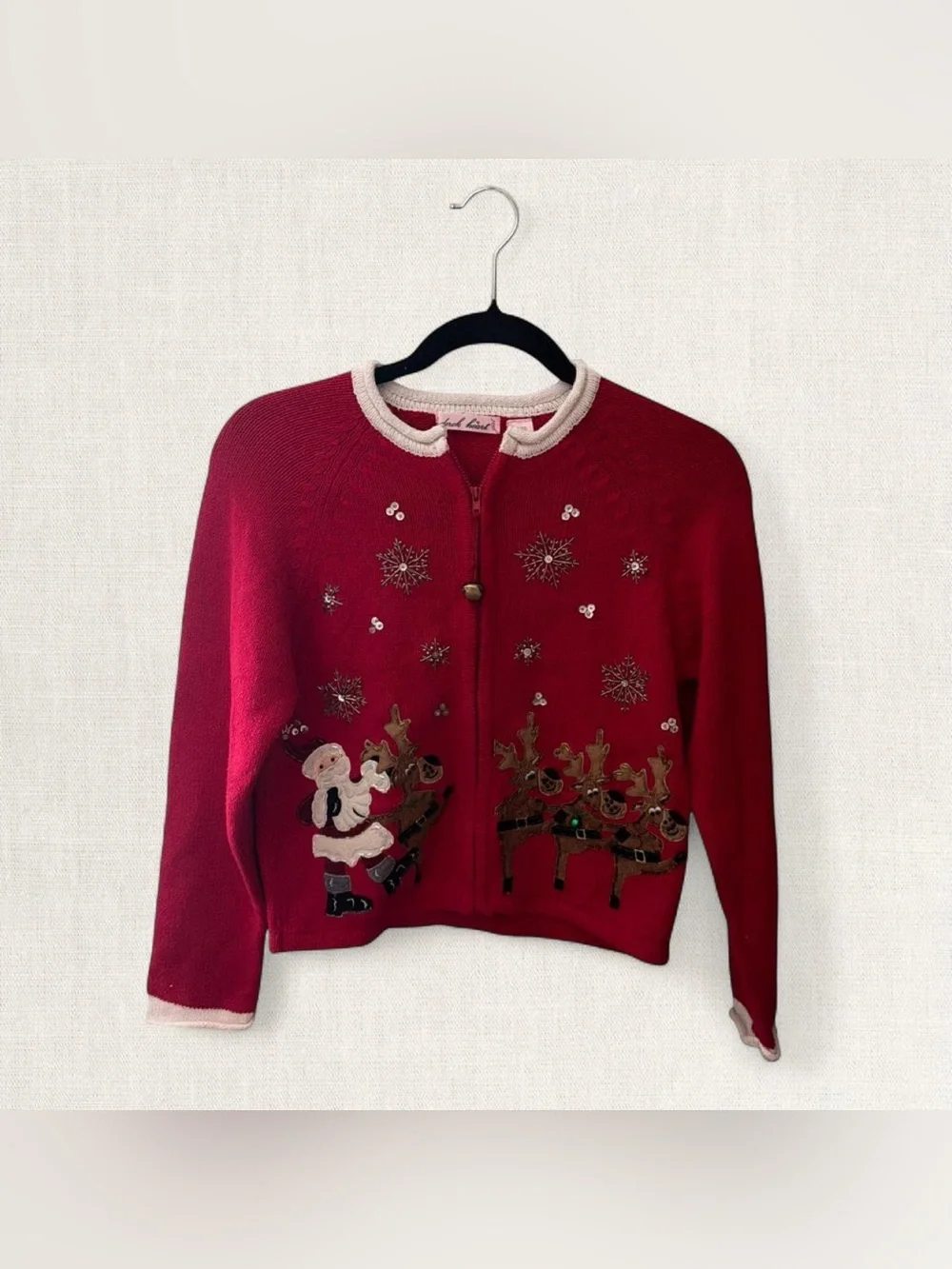 Derek Heart Kids Red Zip-Up Holiday Sweater with Santa & Reindeer